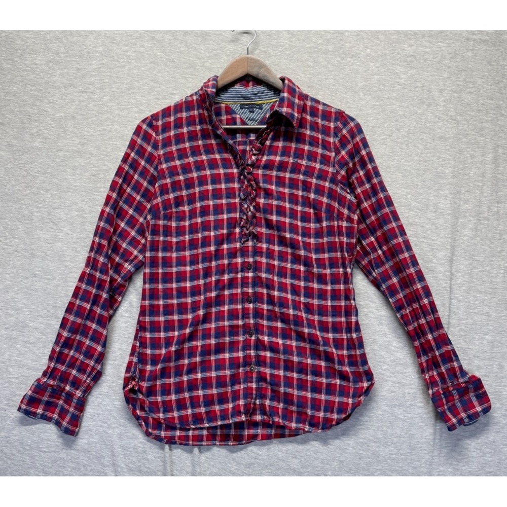 Tommy Hilfiger Shirt Women 6 Red Blue Plaid Checked Ruffled Placket Button Front